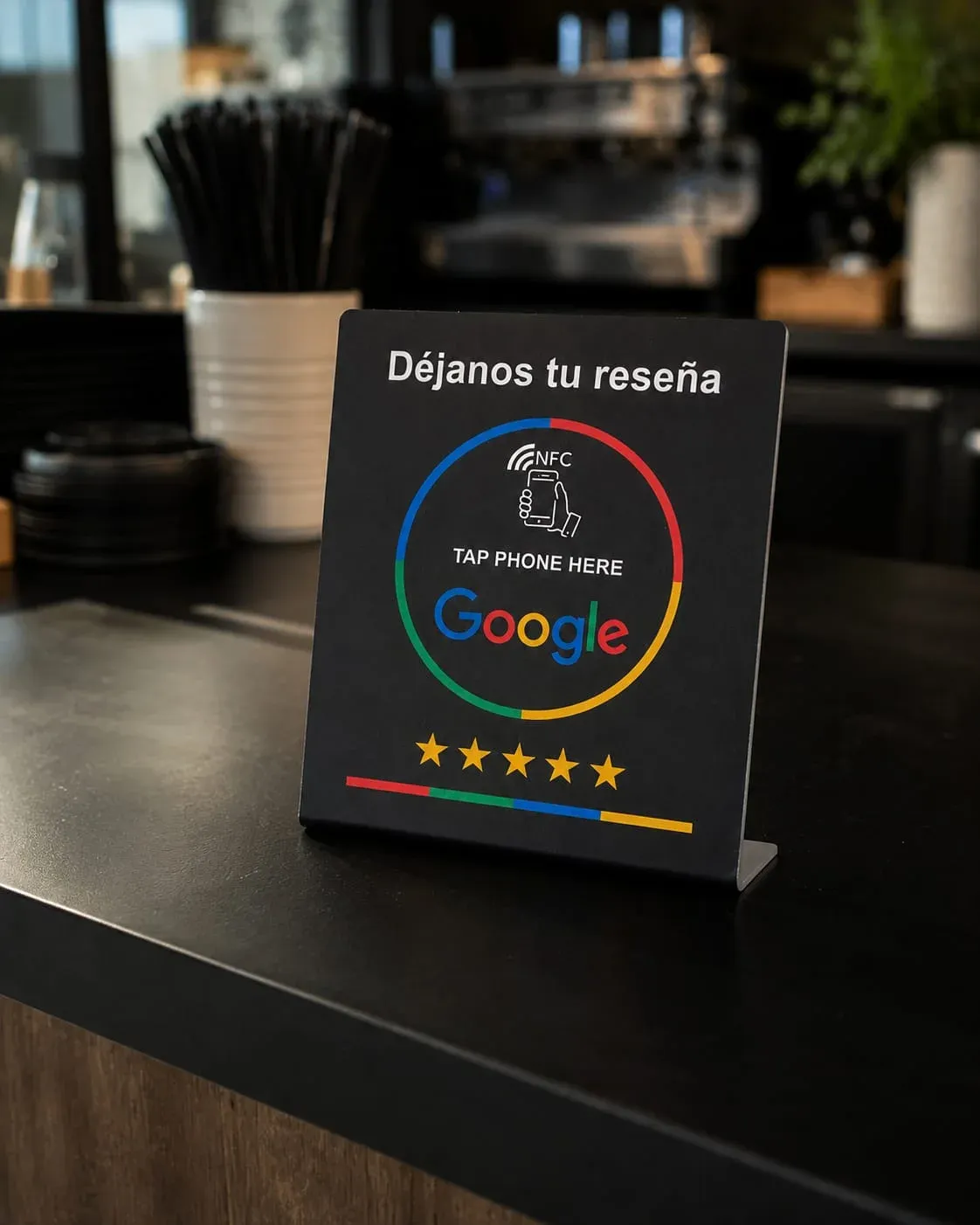 Placa NFC de reseñas en el mesón de un local