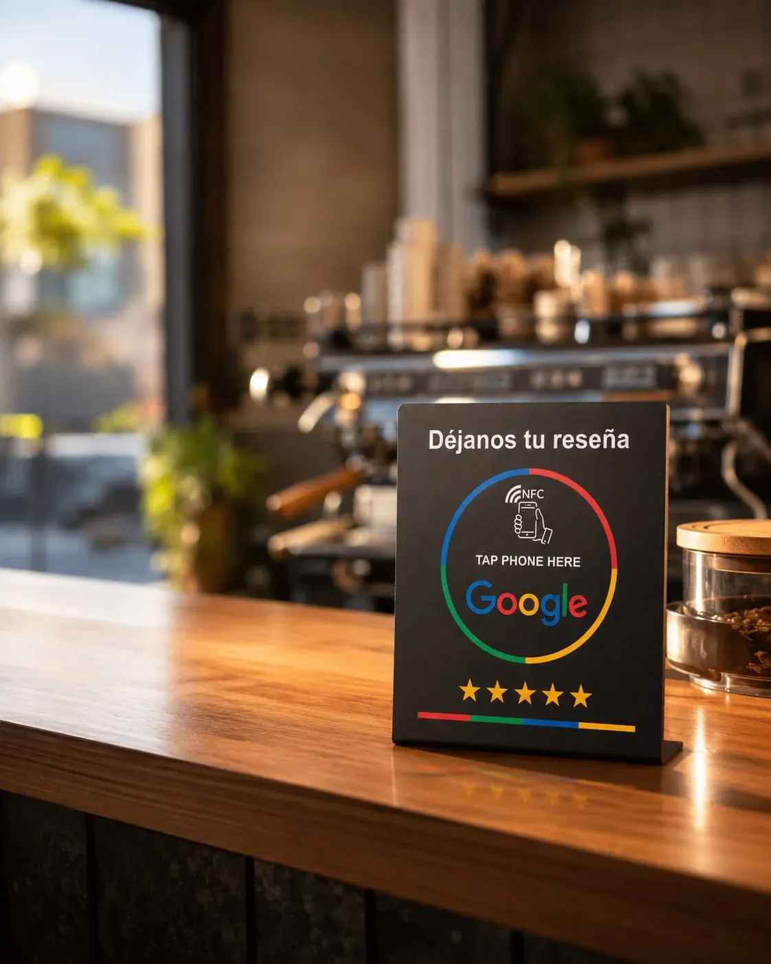 Placa NFC de reseñas sobre la barra de una cafetería