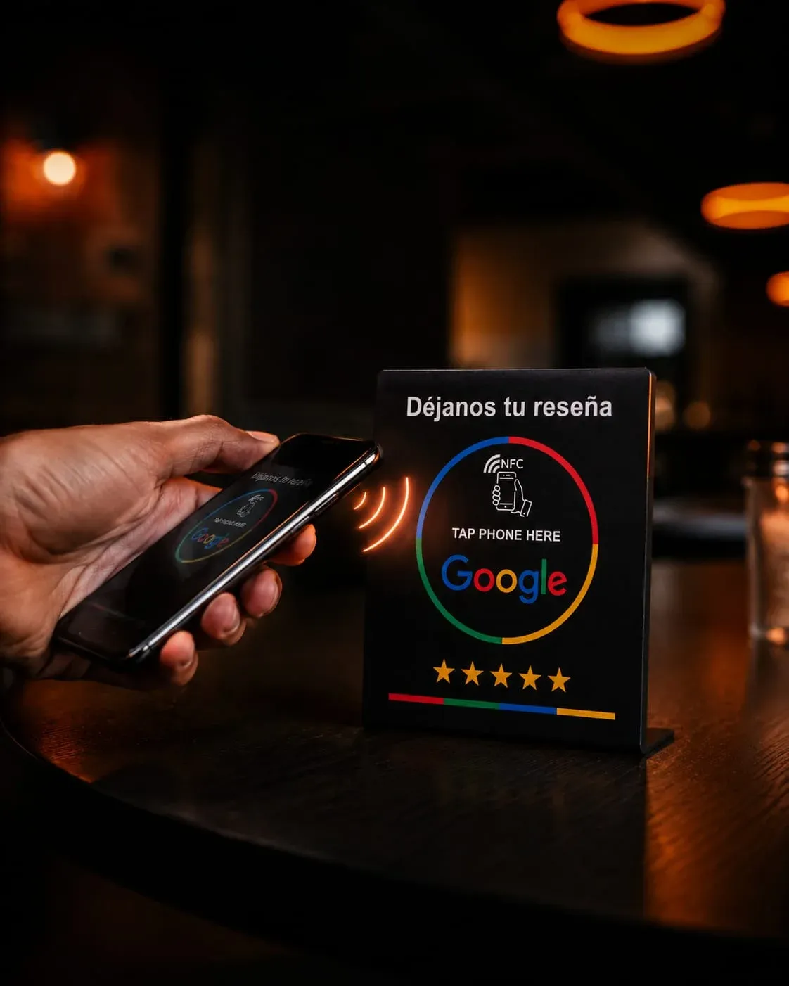 Cliente acercando el teléfono a la placa NFC para dejar una reseña